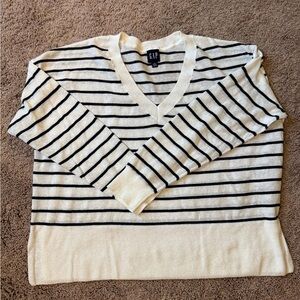 GAP Cream and Black Striped V-Neck Sweater